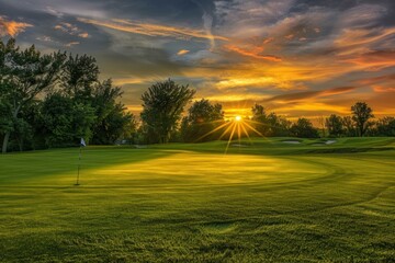 Beautiful sunset over a lush golf green with a flag marking the hole