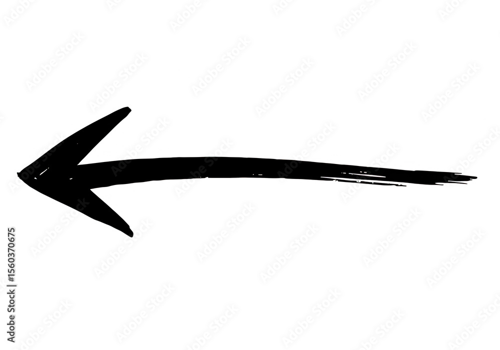 Poster a black painted arrow pointing left is isolated on transparent background, indicating direction or a
