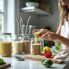 A realistic photo of sustainable cooking in a bright kitchen: mason jars of legumes, glass containers with grains, metal straws, cloth produce bags. A person is scooping grains into a jar.