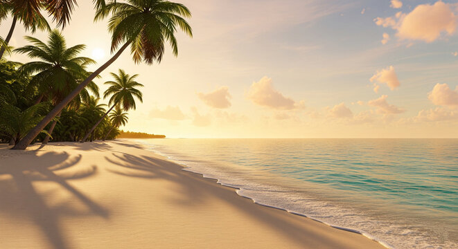 Tropical Beach in the Morning Light A peaceful tropical beach scene in warm morning light, with clear blue water, gentle waves, and rows of palm trees casting long shadows on the