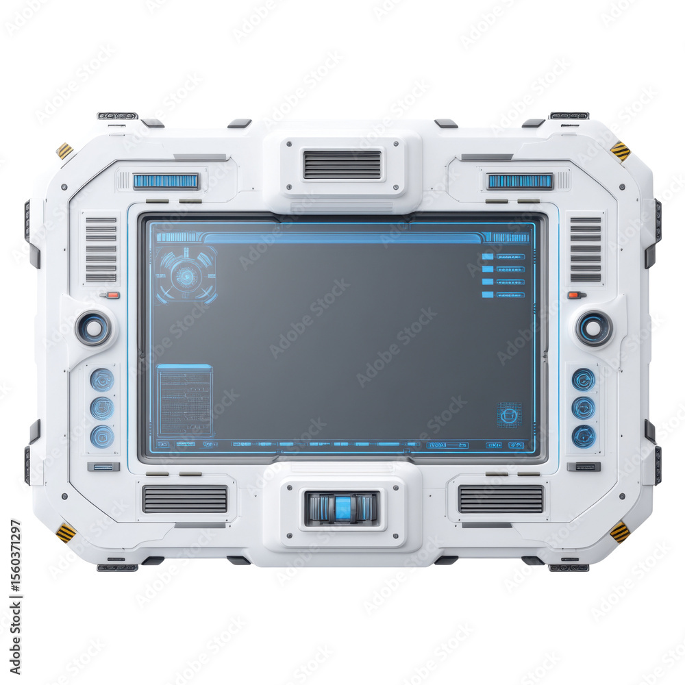 Poster futuristic control panel interface with advanced display and touchscreen features for sci-fi concept