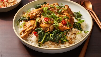 Delicious asian teriyaki chicken on rice with spinach garnished with chilies and sesame seeds