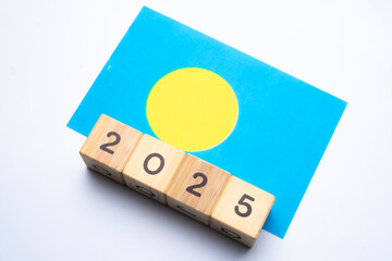 2025, Palau Flag with date block, Concept, Important events for Palau the new year, election, economy, social activities, central bank, Palau foreign policy