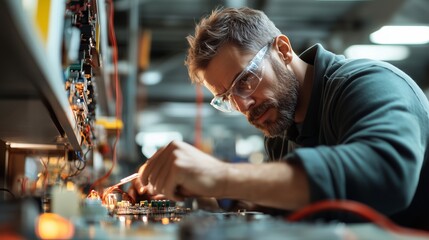 Technician working on electronic circuit board in workshop during daytime