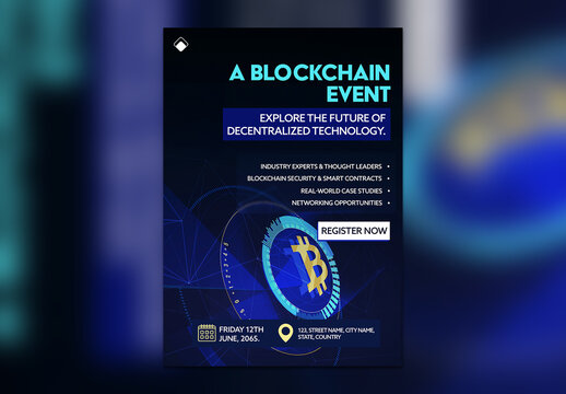Editable Blockchain Conference Flyer Template &ndash; A4 Size Tech Event Poster for Web3, Crypto & NFT Summits (Blue Digital Theme)