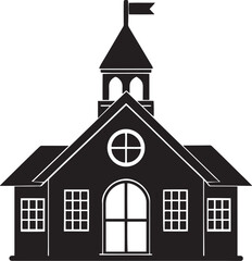 Monochrome Schoolhouse Illustration Showing Bell Tower, Flag, and Architectural Features.