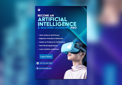 Editable AI & Machine Learning Course Flyer Template &ndash; A4 Size Online Education Poster for Tech Training & VR Learning (Blue Futuristic Theme)