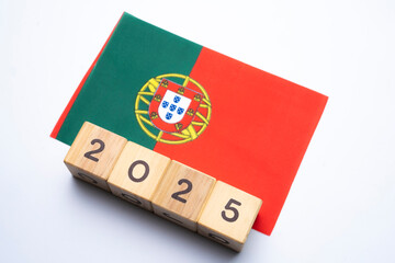 2025, Portugal flag with date block, Concept, Important events for Portugal the new year, election, economy, social activities, central bank, Portugal foreign policy