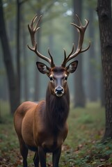 Elegant Stag with Impressive Antlers Standing in Misty Forest