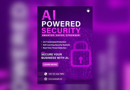 Editable AI Cybersecurity Flyer Template &ndash; Vertical A4 Business Security Poster in Purple Tech Theme