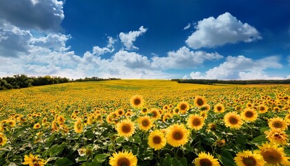 Fototapeta premium vibrant yellow sunflower field under a bright blue sky with clouds