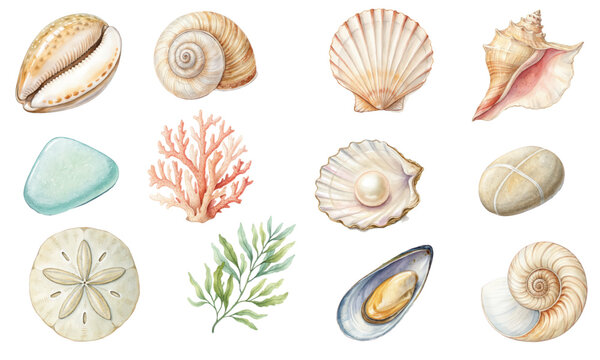 Watercolor Vector Set of Seashells, Corals, and Beach Stones for Marine Designs and Summer Projects