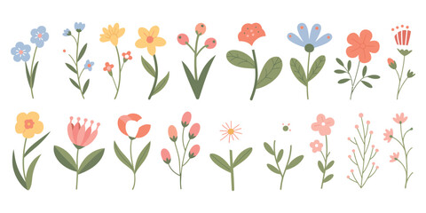 Spring Colorful Flower Elements Collection, Hand Drawn Wildflowers and Leaves Vector