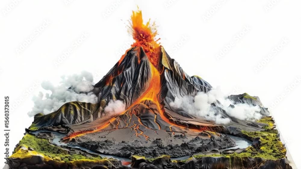 Poster A model of a volcano with flowing lava and molten rock, great for illustrating geological processes or environmental warnings