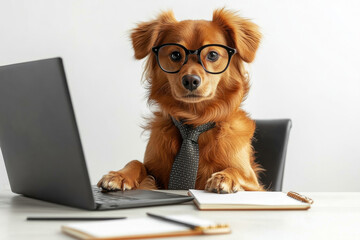 Professional canine professional typing on laptop, sporting glasses and necktie in warm home workspace