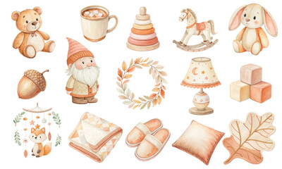 Watercolor Vector Set of Cozy Nursery Decor and Baby Room Clipart Illustrations