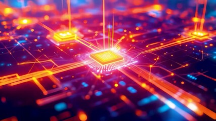 A glowing quantum microchip processor at the center of a vibrant digital network, ultra fast data exchange and next generation quantum internet infrastructure. - Powered by Adobe
