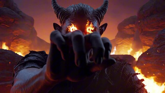 The devil with $ sign eyes in fiery hell
