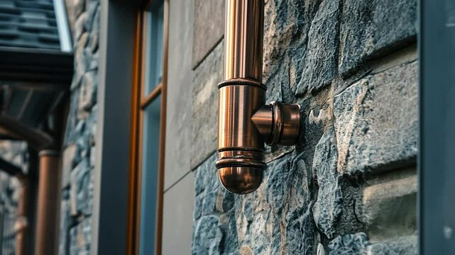 Copper Downspout on Stone House Exterior