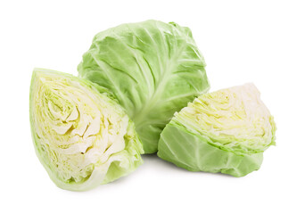 Whole and cut cabbages isolated on white