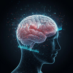 Hyperrealistic digital rendering of human brain inside transparent head with data charts and graphs overlay, symbolizing intelligence and advanced technology in futuristic style