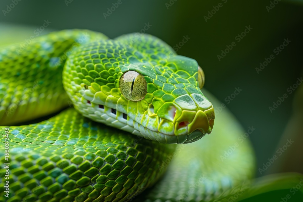 Poster close up of a vibrant green tree python coiled on a branch, showcasing its intricate scale pattern a