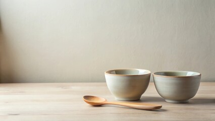 Simple Still Life Two Pale Green Ceramic Bowls and a Wooden Spoon on Light Wood Table