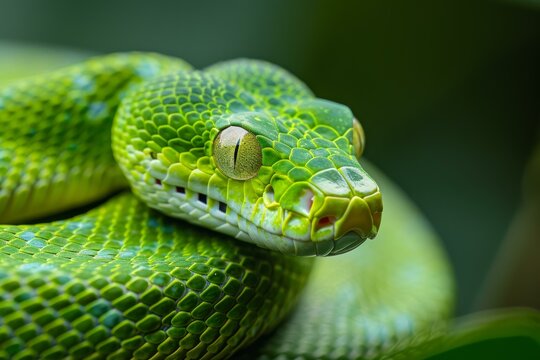Close up of a vibrant green tree python coiled on a branch, showcasing its intricate scale pattern and captivating gaze - Powered by Adobe