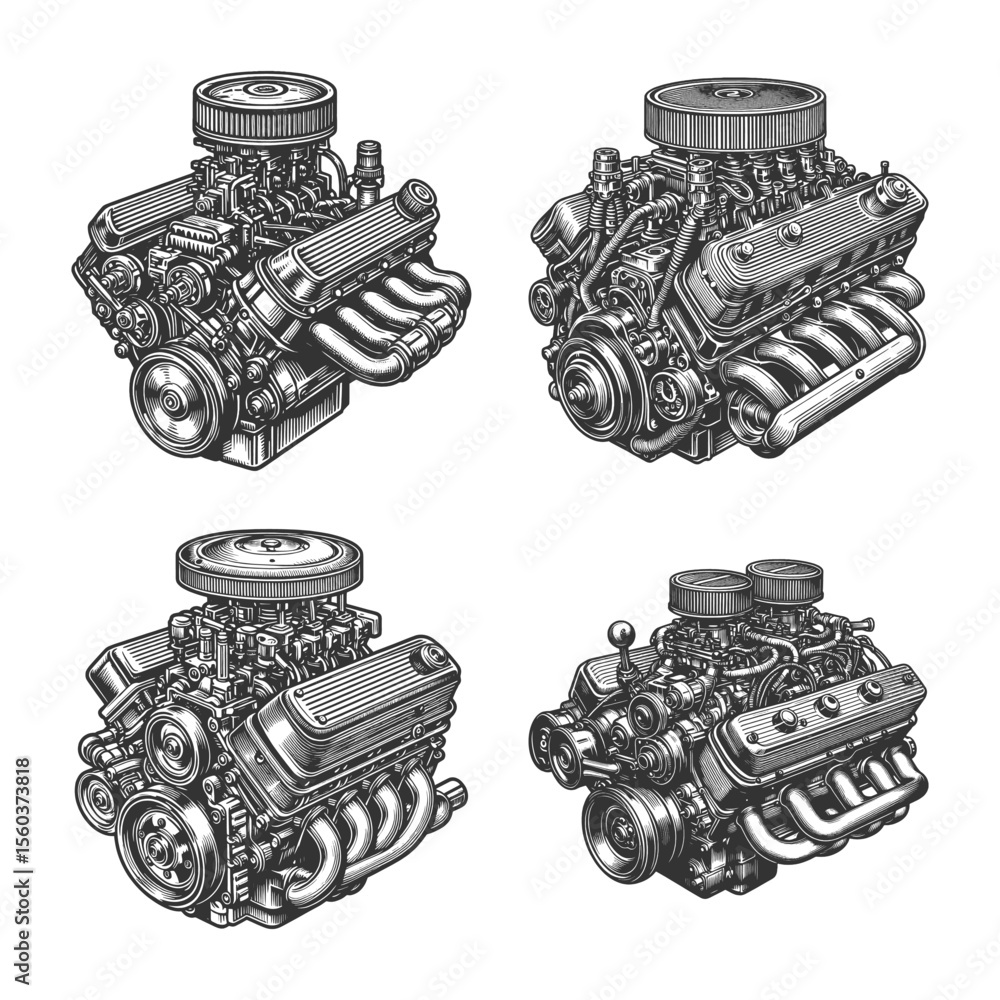 Poster classic car engine set collection bundle sketch engraving generative ai vector illustration. scratch