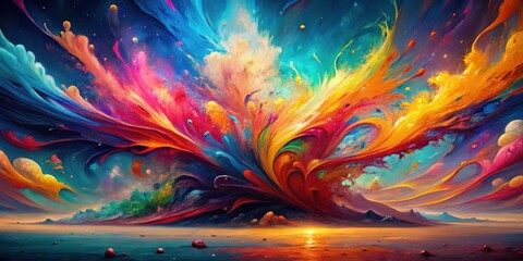 Obraz premium Vibrant Hues of an Imaginary Sunset Over a Serene, Abstract Landscape Featuring Swirling Paint-Like Clouds