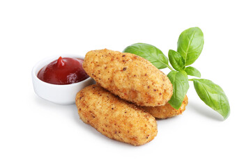 Tasty fried croquettes, basil and sauce isolated on white