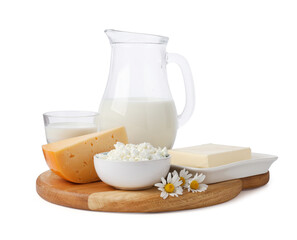 Different fresh dairy products and chamomile flowers isolated on white