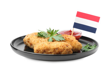 Tasty fried croquettes, parsley, sauce and flag of Netherlands isolated on white