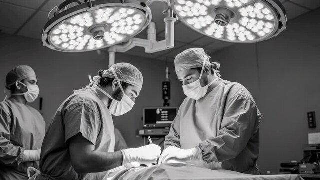 Group of mixed-races professional surgeons and nurses in uniform performing heart transplant surgery operation under bright lamps using medical instruments in operating room looking at screen
