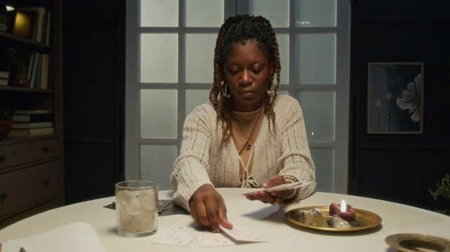 African American female tarot reader putting cards on table decorated with golden plates full of minerals and crystals