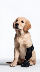 Adorable golden retriever puppy with a black prosthetic leg, sitting gracefully against a clean white backdrop, showcasing resilience and determination in life