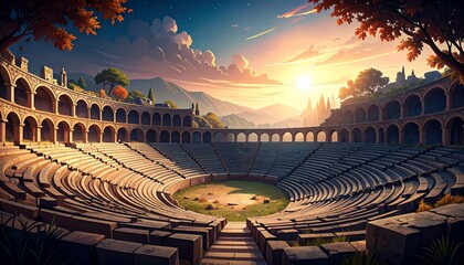 Ancient Roman Amphitheater at Sunset: A Digital Painting