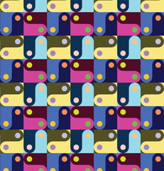 Vibrant, repeating abstract pattern resembling yin-yang symbols with colorful dots, arranged in a grid-like fashion
