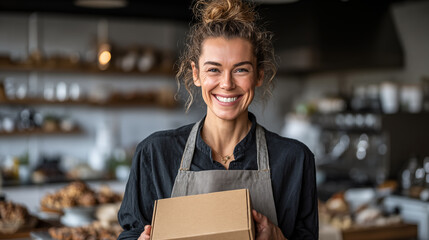Portrait of a smiling female staff holding a box in a bakery