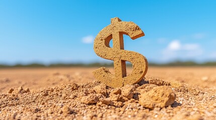 Dollar Sign in Dry Land Symbolizing Economic Challenges and Financial Struggles in Nature
