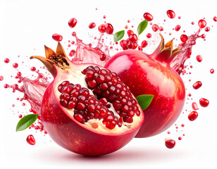 Vibrant studio shot of a pomegranate and half pomegranate with seeds splashing out on a white background, showcasing the fruit's freshness and juice.