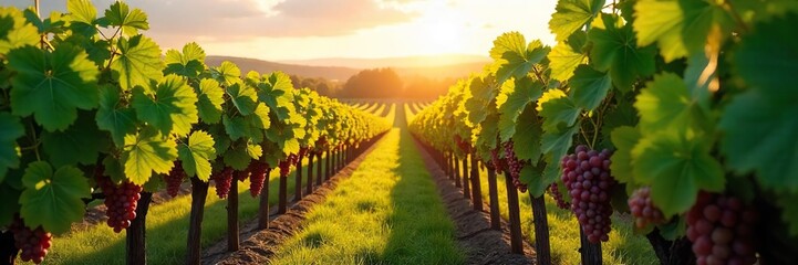 Fototapeta premium Sun-drenched Vineyard Ready for Harvest Lush Green Foliage and Ripe Grapes Hanging Heavy on the Vines, Creating a Picturesque Autumnal Scene