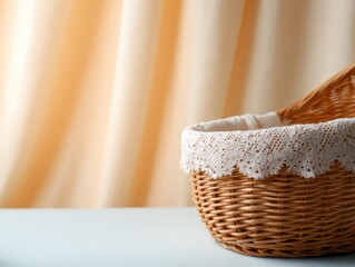 Woven wicker basket with a decorative lace trim against a soft warm background, ideal for home decor and rustic styling in photography