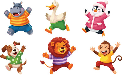 Naklejka premium Adorable Collection of Joyful Cartoon Animals: Hippo, Duck, Penguin, Dog, Lion, Monkey, Happy Friends Jumping and Playing