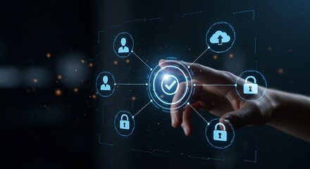 Hand Interacting with a Futuristic Blue Cybersecurity Interface Showing User Profiles Cloud Upload and Padlocks