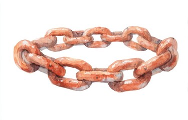 Obraz premium Watercolor Illustration of a Rusty Chain Links on White Background, Artistic Depiction of Strength and Connection in Mixed Media Style for Stock Usage
