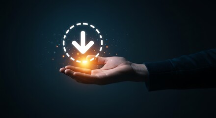 Hand Holding Glowing Download Icon Dark Background White Arrow Circle Digital Technology Concept image