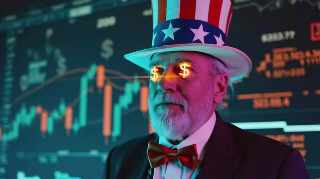 Uncle Sam with $ sign eyes and stock market charts in the background