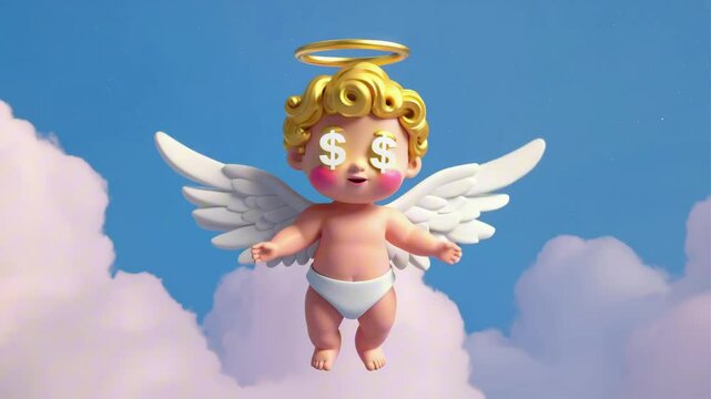 A 3d angel cherub with a halo and $ sign eyes in a cloudy blue sky