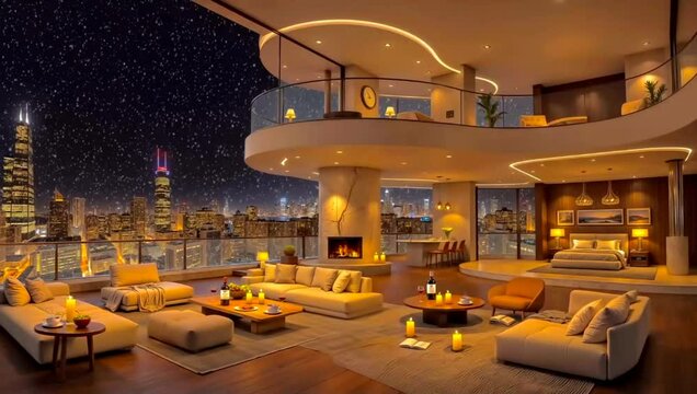 A dreamy multi-level penthouse with a starry night view over a snowy cityscape. The open-plan living and bedroom areas create a spacious, magical feel.
